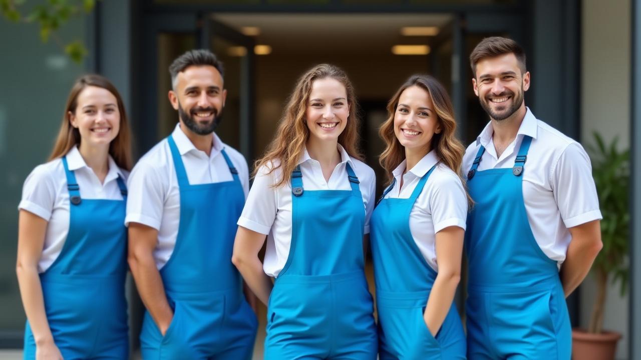 ADON CLEANING LTD team members smiling, standing proudly in front of a clean, modern building in Coventry.