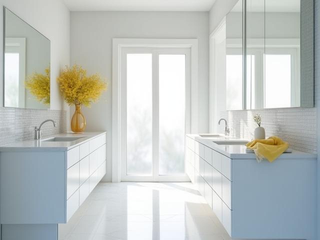 Newly renovated modern kitchen gleaming after post-construction cleaning, spotless countertops and floors, ready for client handover.
