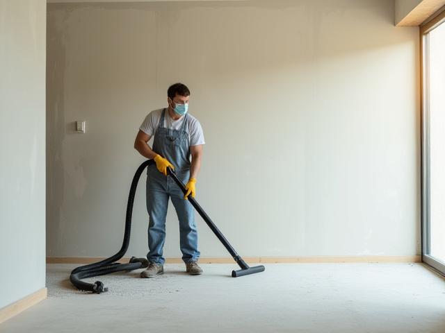 Professional cleaner using a HEPA filter vacuum in a construction environment